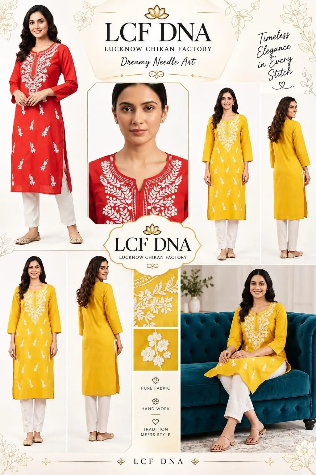 LCF CHIKAN EMBROIDERY REYON LONG KURTI - YELLOW view 5