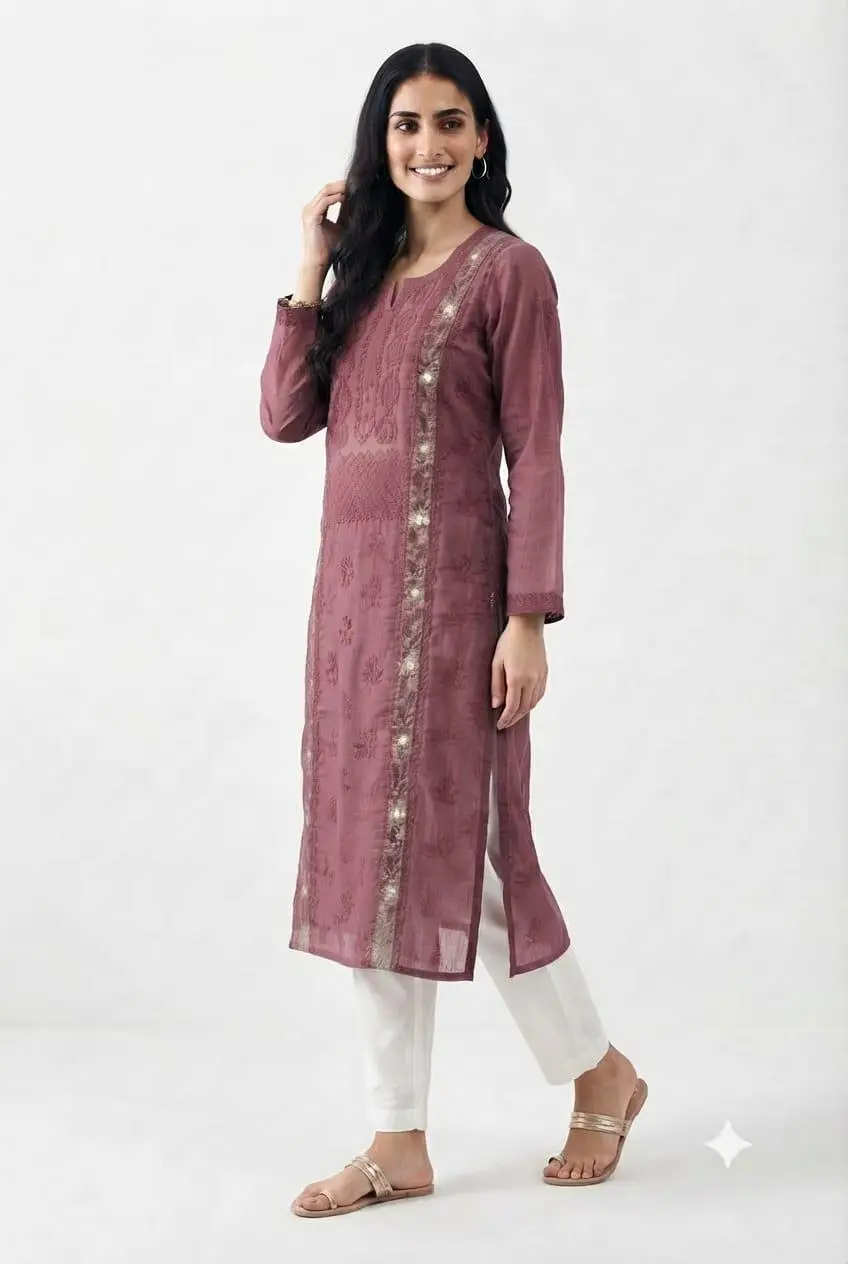 LCF CHIKAN EMBROIDERY MAL CHANDERI LONG KURTI - ONION PINK