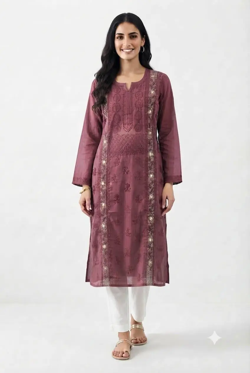 LCF CHIKAN EMBROIDERY MAL CHANDERI LONG KURTI - ONION PINK view 2