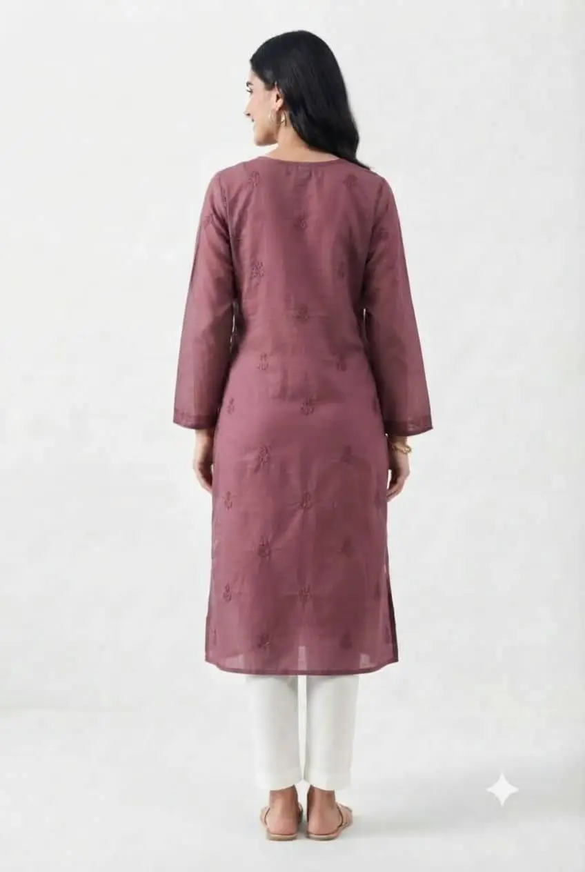 LCF CHIKAN EMBROIDERY MAL CHANDERI LONG KURTI - ONION PINK view 3