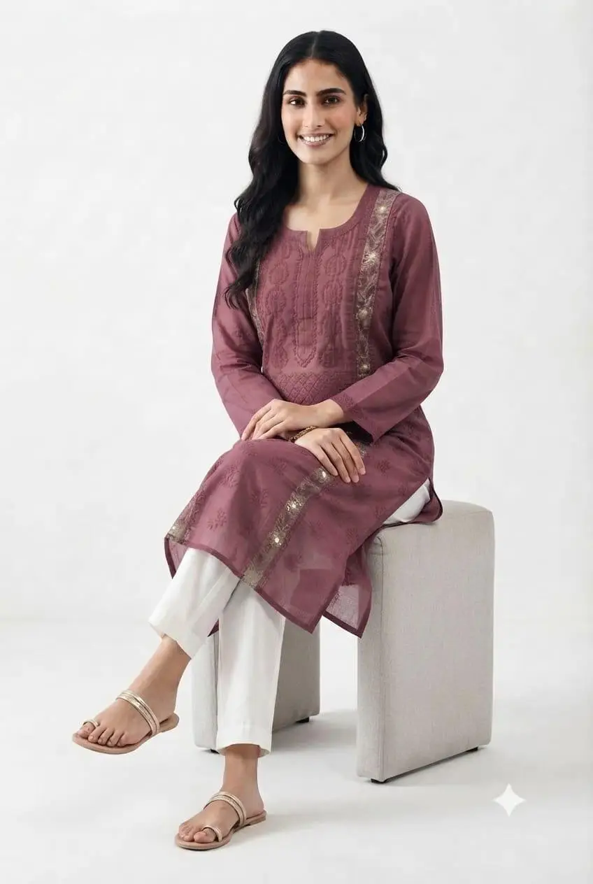LCF CHIKAN EMBROIDERY MAL CHANDERI LONG KURTI - ONION PINK view 4