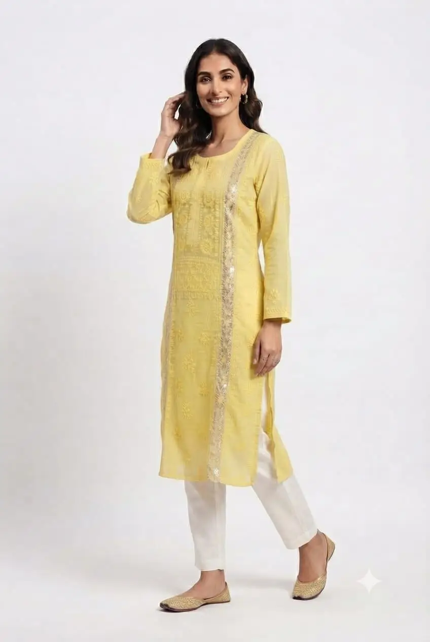 LCF CHIKAN EMBROIDERY MAL CHANDERI LONG KURTI - YELLOW view 2