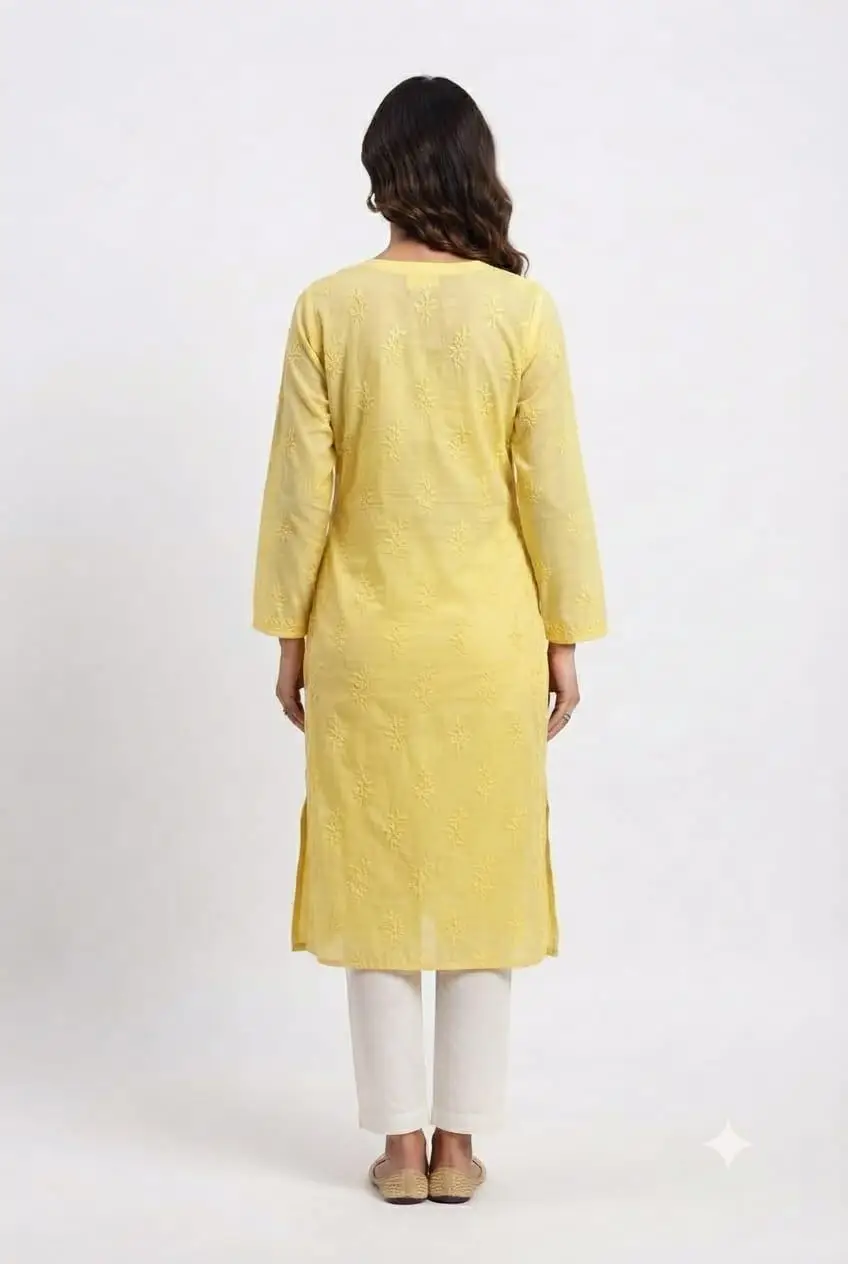 LCF CHIKAN EMBROIDERY MAL CHANDERI LONG KURTI - YELLOW view 3