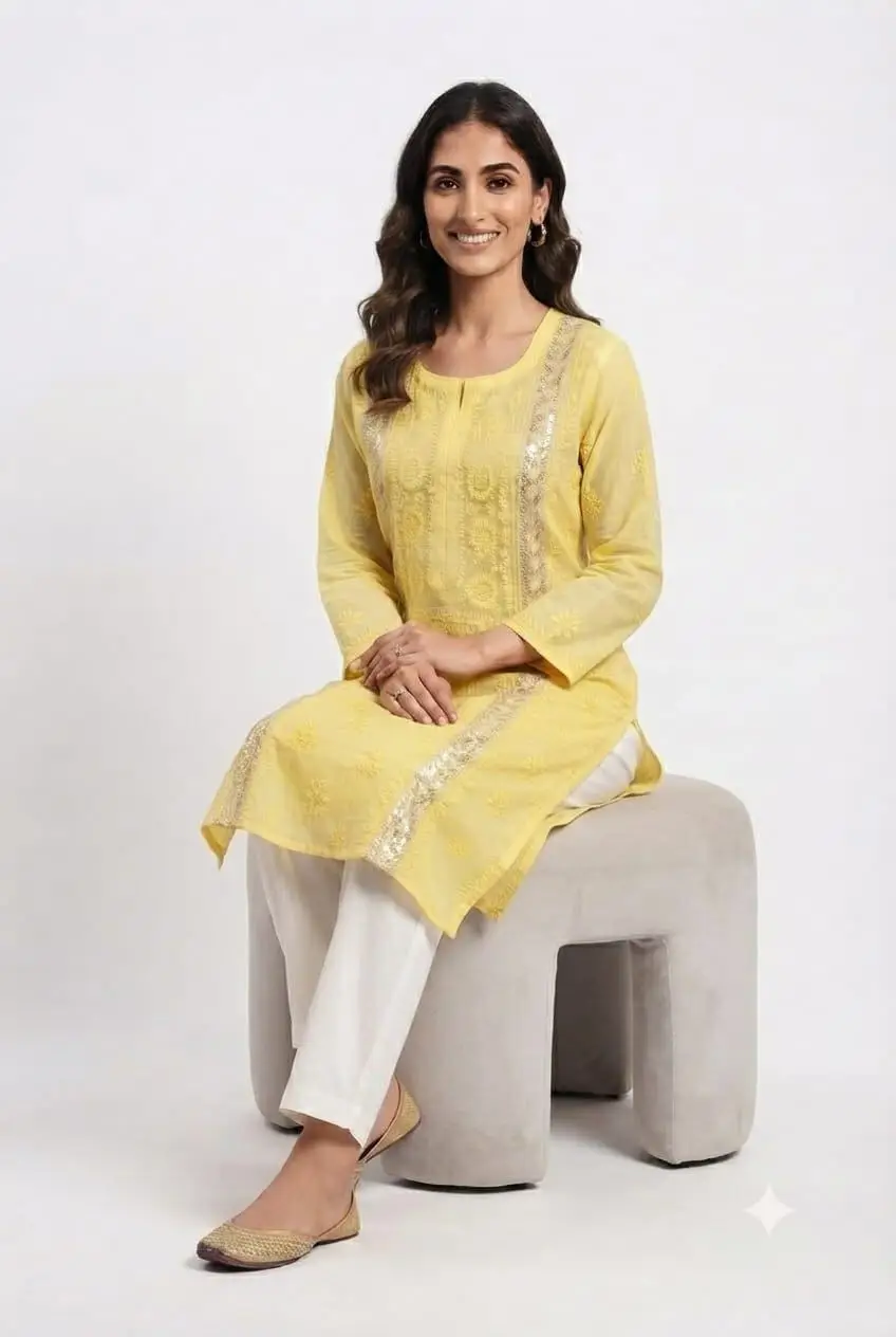 LCF CHIKAN EMBROIDERY MAL CHANDERI LONG KURTI - YELLOW view 4