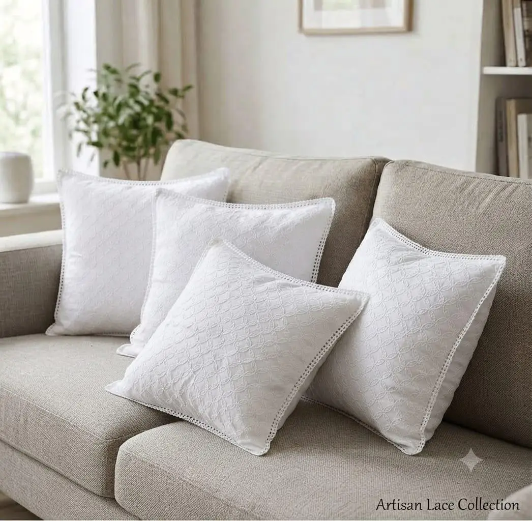 LCF CHIKAN BAKHIYA WITH CHOUPATIYA ALL OVER EMBROIDERY COTTON SOFA COUSHION COVER (5 PCS)