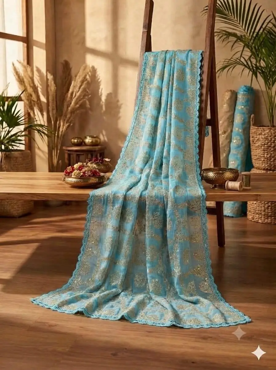 LCF BANARSI PRINT QURESHIA WITH SEQUENCE WORK DUPATTA - TEA BLUE