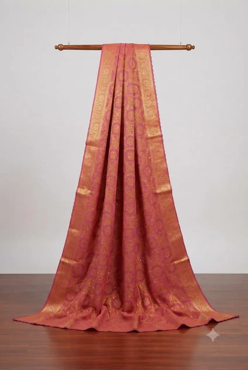 LCF BANARSI PRINT QURESHIA WITH SEQUENCE WORK DUPATTA - MAGENTA PINK