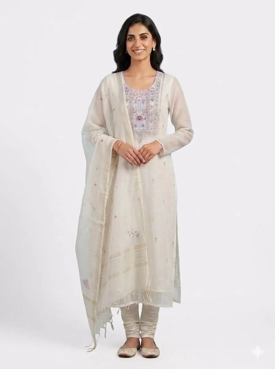 LCF CHIKAN EMBROIDERY UNSTITCHED MAL COTTON DRESSS MATERIAL (KURTA & DUPATTA) - DESIGN 1