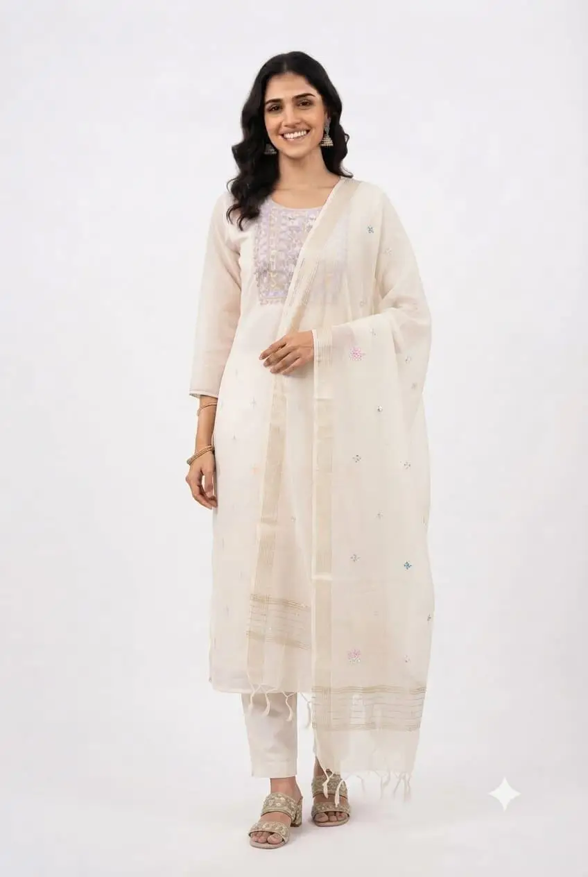 LCF CHIKAN EMBROIDERY UNSTITCHED MAL COTTON DRESSS MATERIAL (KURTA & DUPATTA) - DESIGN 3