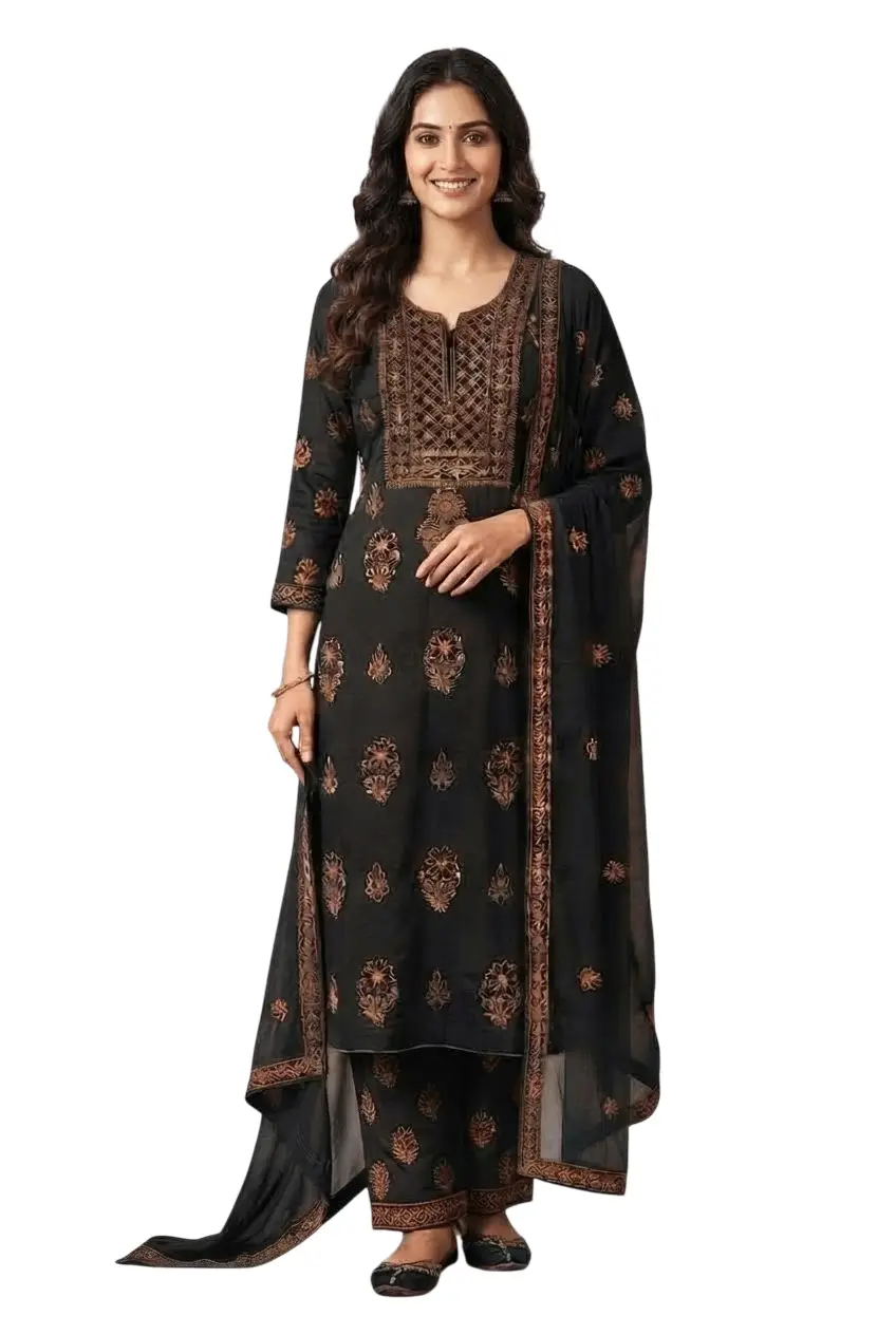 LCF CHIKAN EMBROIDER COTTON UNSTITCHED DRESS MATERIAL KURTI DUPATTA & BOTTOM - BLACK & YELLOW