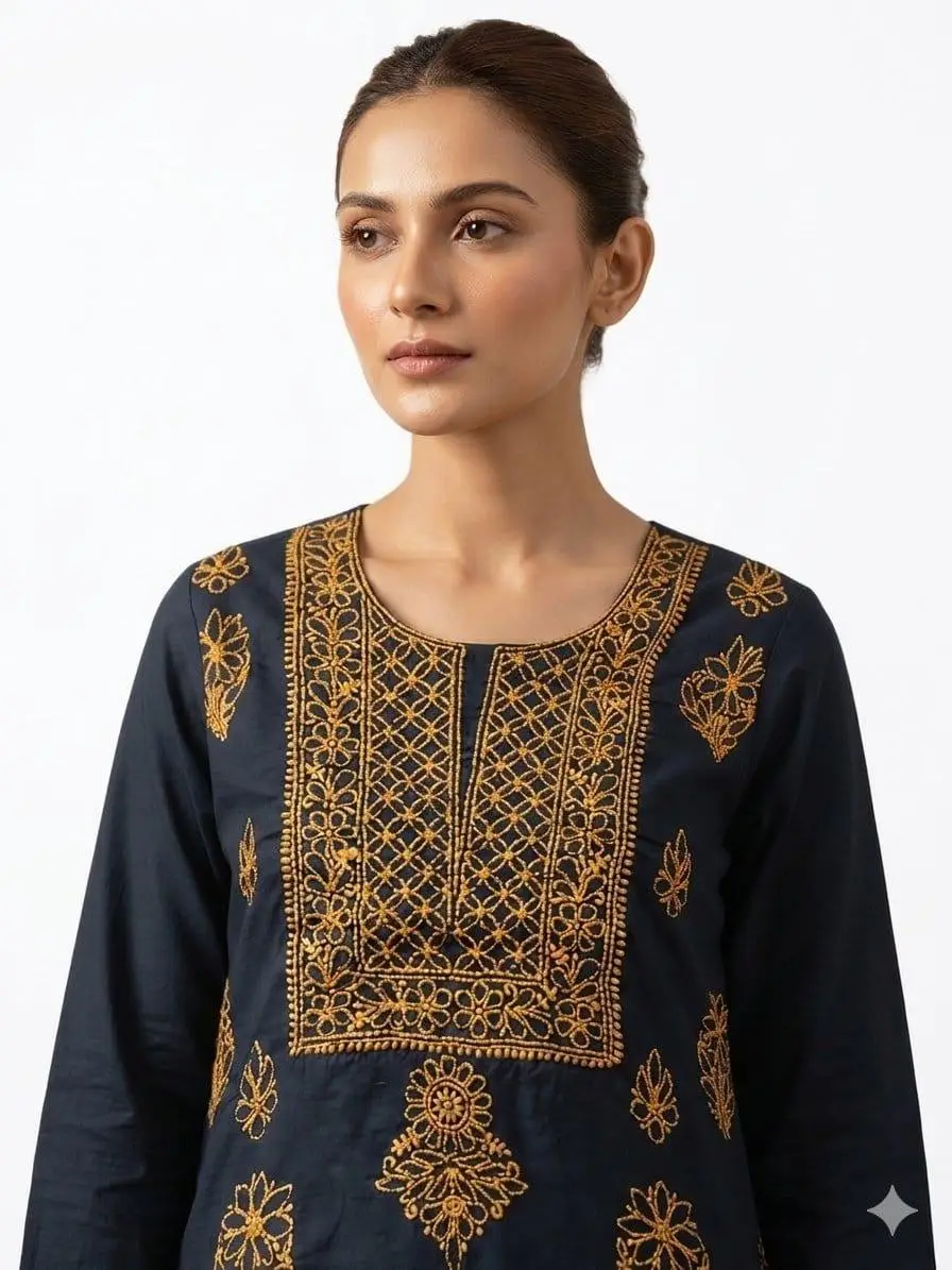 LCF CHIKAN EMBROIDER COTTON UNSTITCHED DRESS MATERIAL KURTI DUPATTA & BOTTOM - BLACK & YELLOW view 2