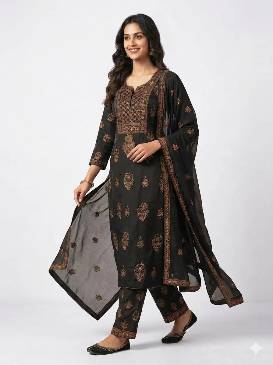 LCF CHIKAN EMBROIDER COTTON UNSTITCHED DRESS MATERIAL KURTI DUPATTA & BOTTOM - BLACK & YELLOW view 3