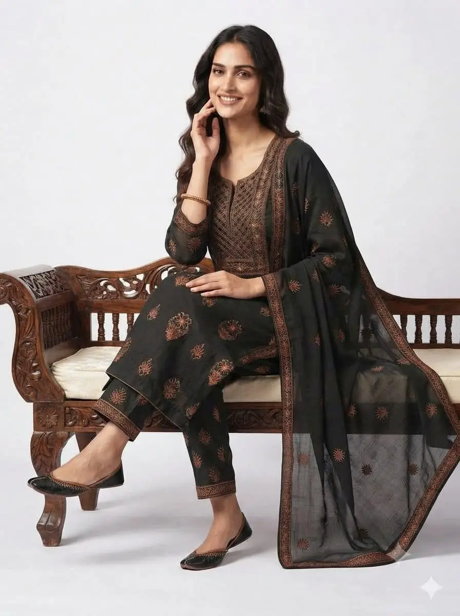 LCF CHIKAN EMBROIDER COTTON UNSTITCHED DRESS MATERIAL KURTI DUPATTA & BOTTOM - BLACK & YELLOW view 4