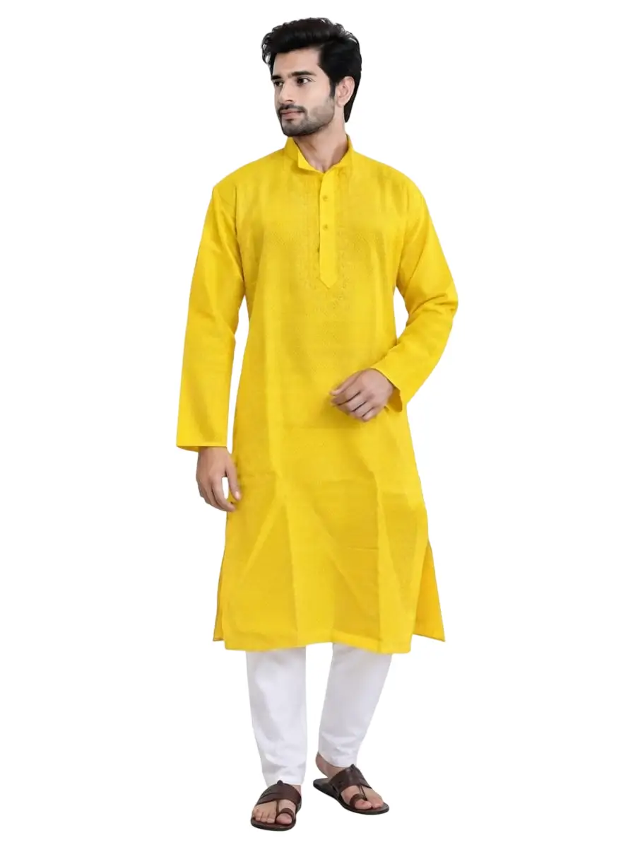 LCF CHIKAN COMPUTER EMBROIDERY BANARSI PRINT MENS KURTA YELLOW - DESIGN 1