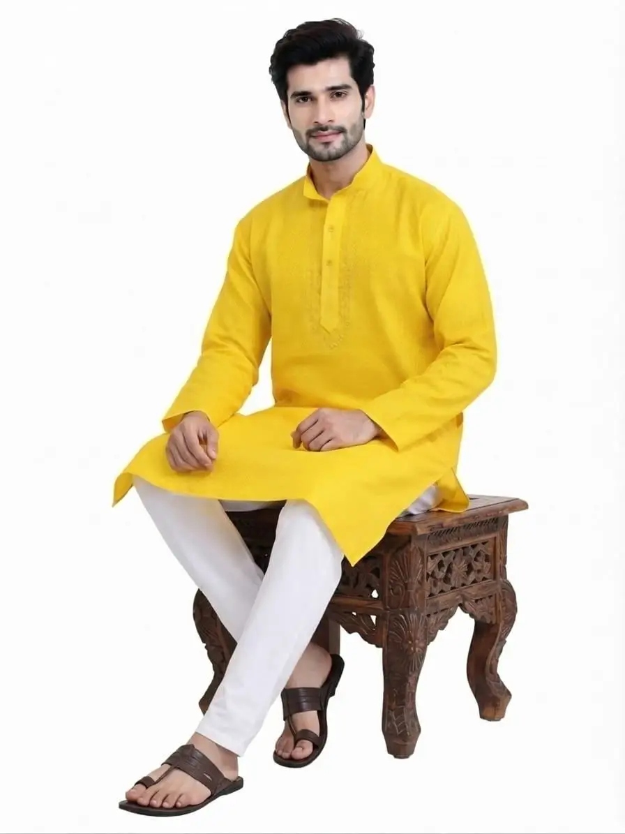 LCF CHIKAN COMPUTER EMBROIDERY BANARSI PRINT MENS KURTA YELLOW - DESIGN 1 view 2