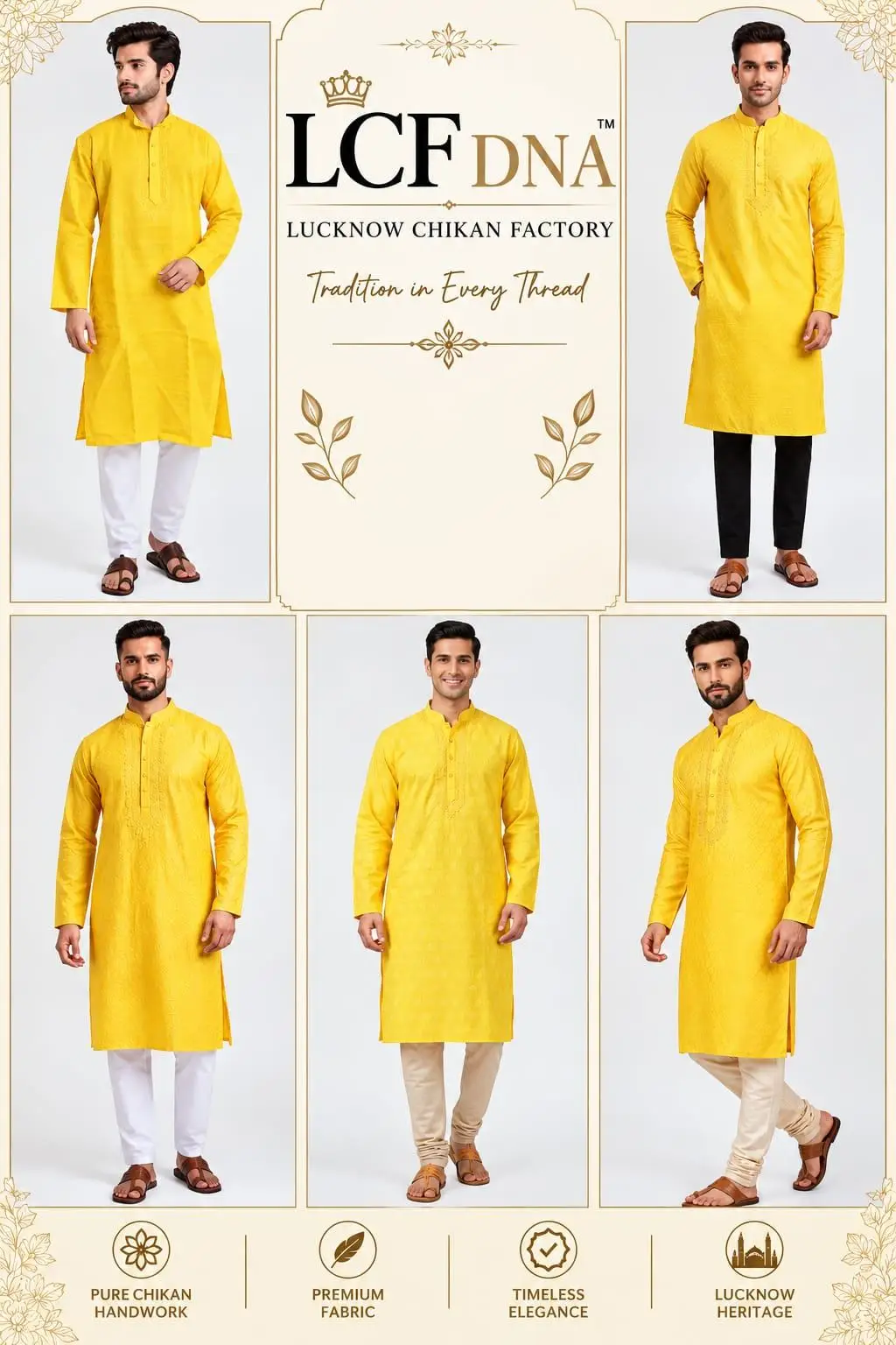 LCF CHIKAN COMPUTER EMBROIDERY BANARSI PRINT MENS KURTA YELLOW - DESIGN 1 view 3