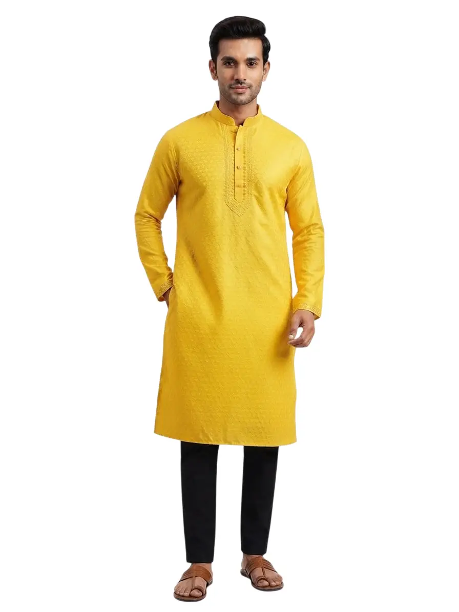 LCF CHIKAN COMPUTER EMBROIDERY BANARSI PRINT MENS KURTA YELLOW - DESIGN 2