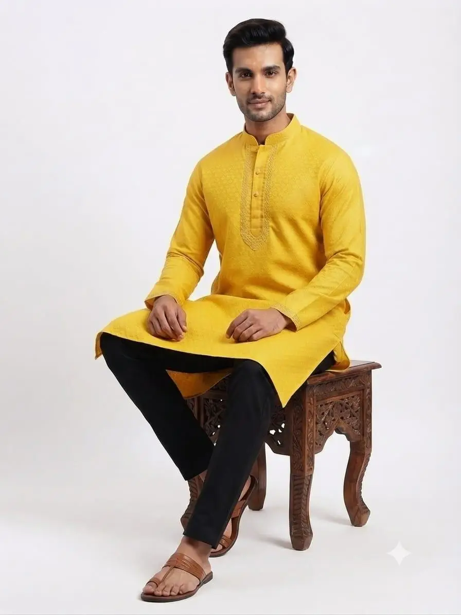 LCF CHIKAN COMPUTER EMBROIDERY BANARSI PRINT MENS KURTA YELLOW - DESIGN 2 view 2