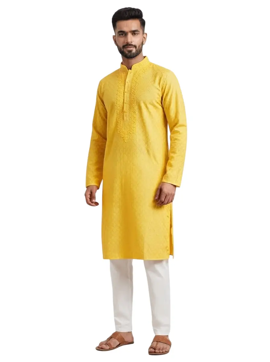 LCF CHIKAN COMPUTER EMBROIDERY BANARSI PRINT MENS KURTA YELLOW - DESIGN 3