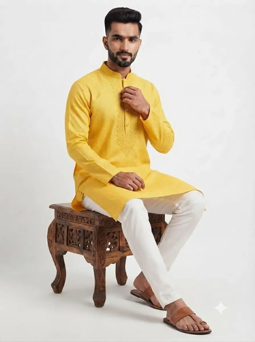 LCF CHIKAN COMPUTER EMBROIDERY BANARSI PRINT MENS KURTA YELLOW - DESIGN 3 view 2