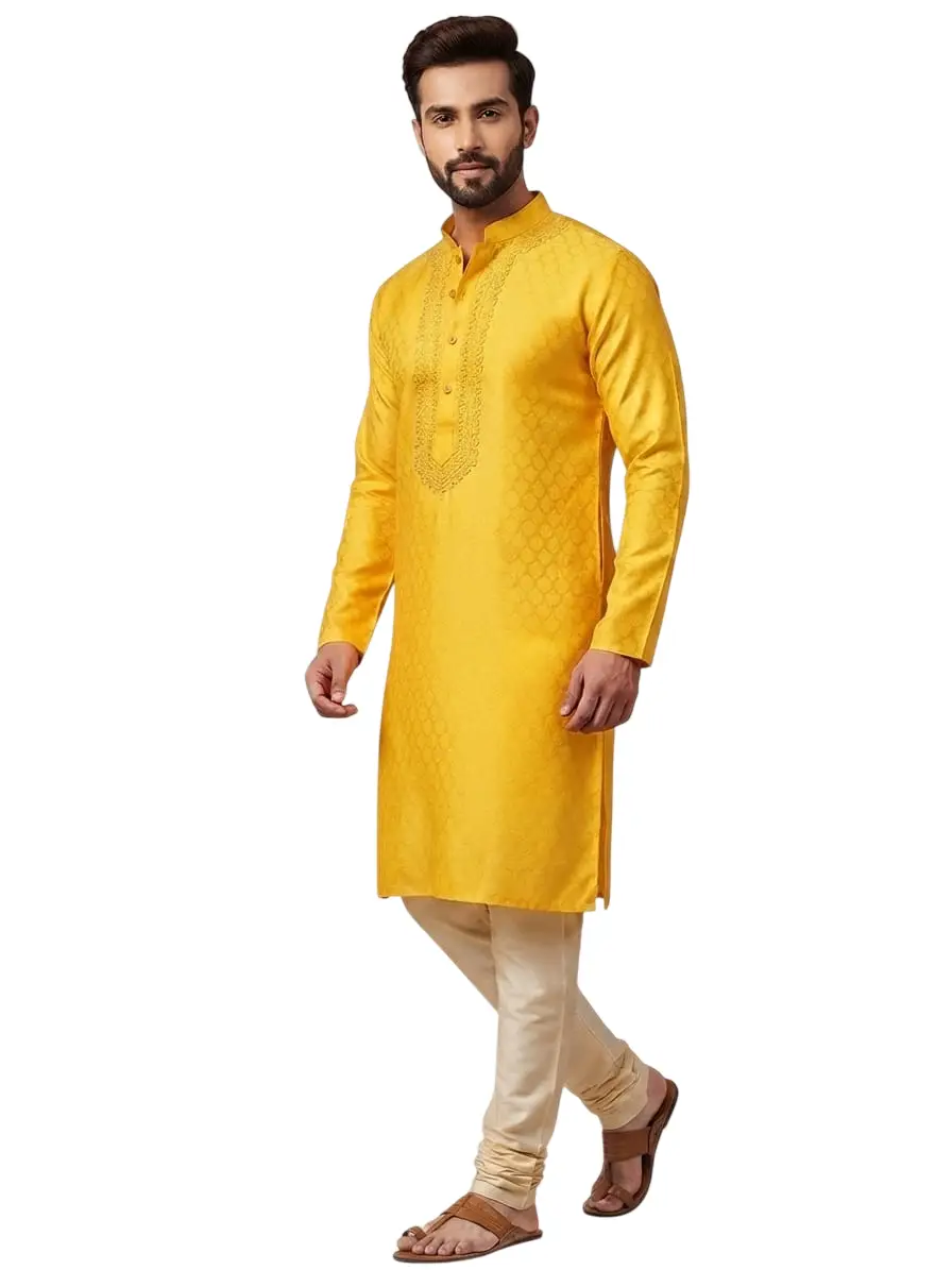 LCF CHIKAN COMPUTER EMBROIDERY BANARSI PRINT MENS KURTA YELLOW - DESIGN 4