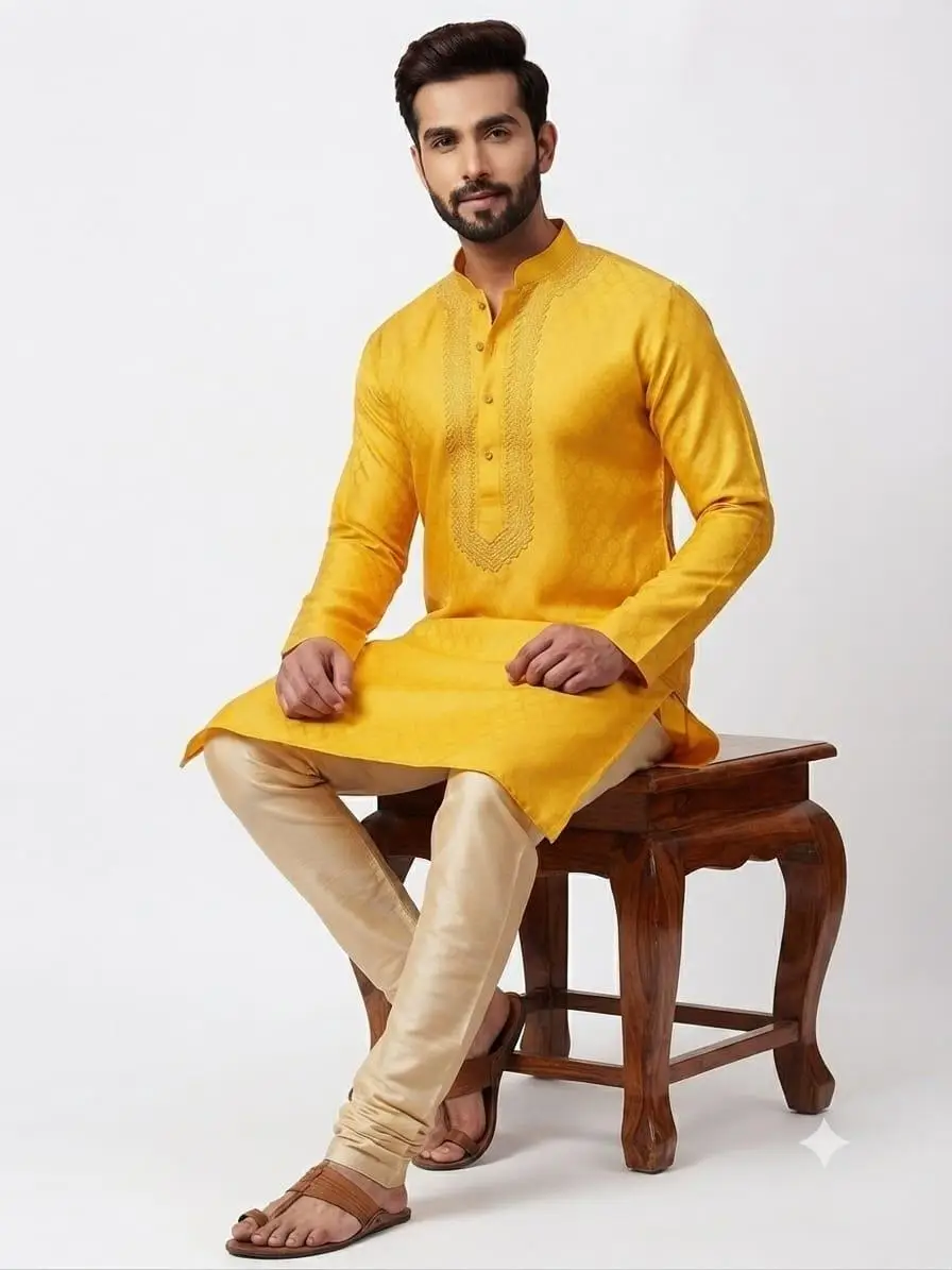 LCF CHIKAN COMPUTER EMBROIDERY BANARSI PRINT MENS KURTA YELLOW - DESIGN 4 view 2