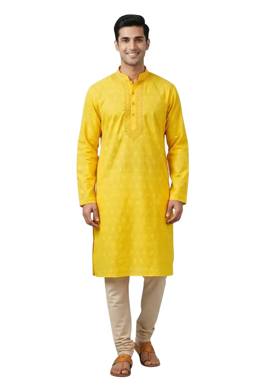 LCF CHIKAN COMPUTER EMBROIDERY BANARSI PRINT MENS KURTA YELLOW - DESIGN 5