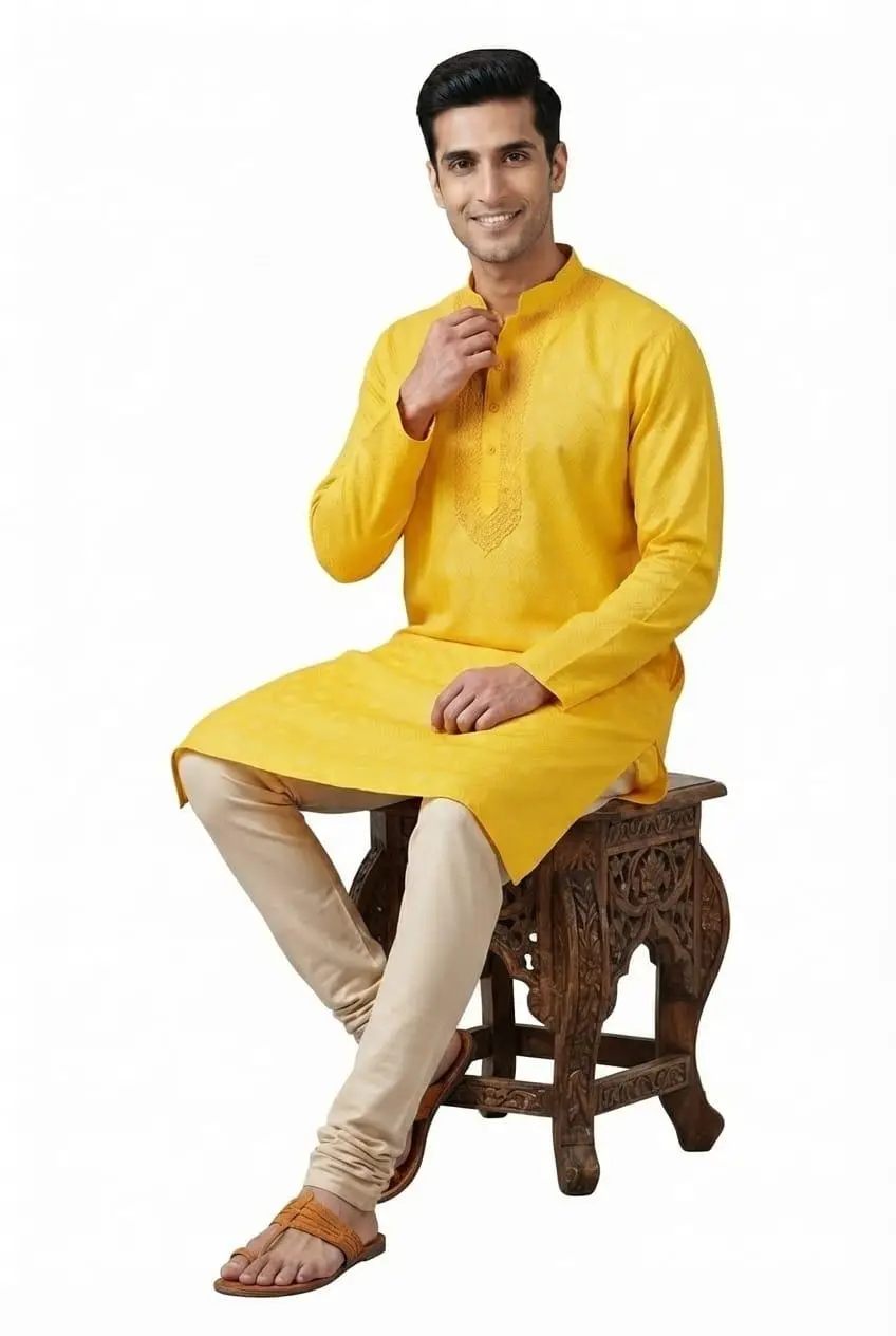 LCF CHIKAN COMPUTER EMBROIDERY BANARSI PRINT MENS KURTA YELLOW - DESIGN 5 view 2