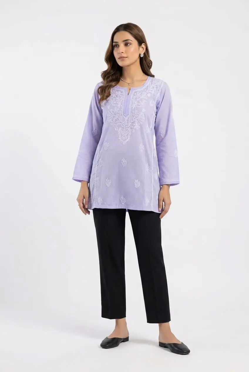 LCF CHIKAN EMBROIDERY VOIL COTTON SHORT KURTI - LEVENDER