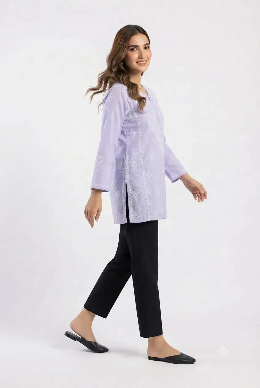 LCF CHIKAN EMBROIDERY VOIL COTTON SHORT KURTI - LEVENDER view 2