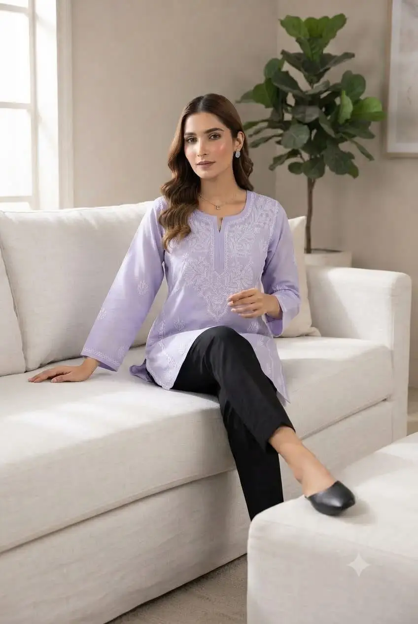 LCF CHIKAN EMBROIDERY VOIL COTTON SHORT KURTI - LEVENDER view 3