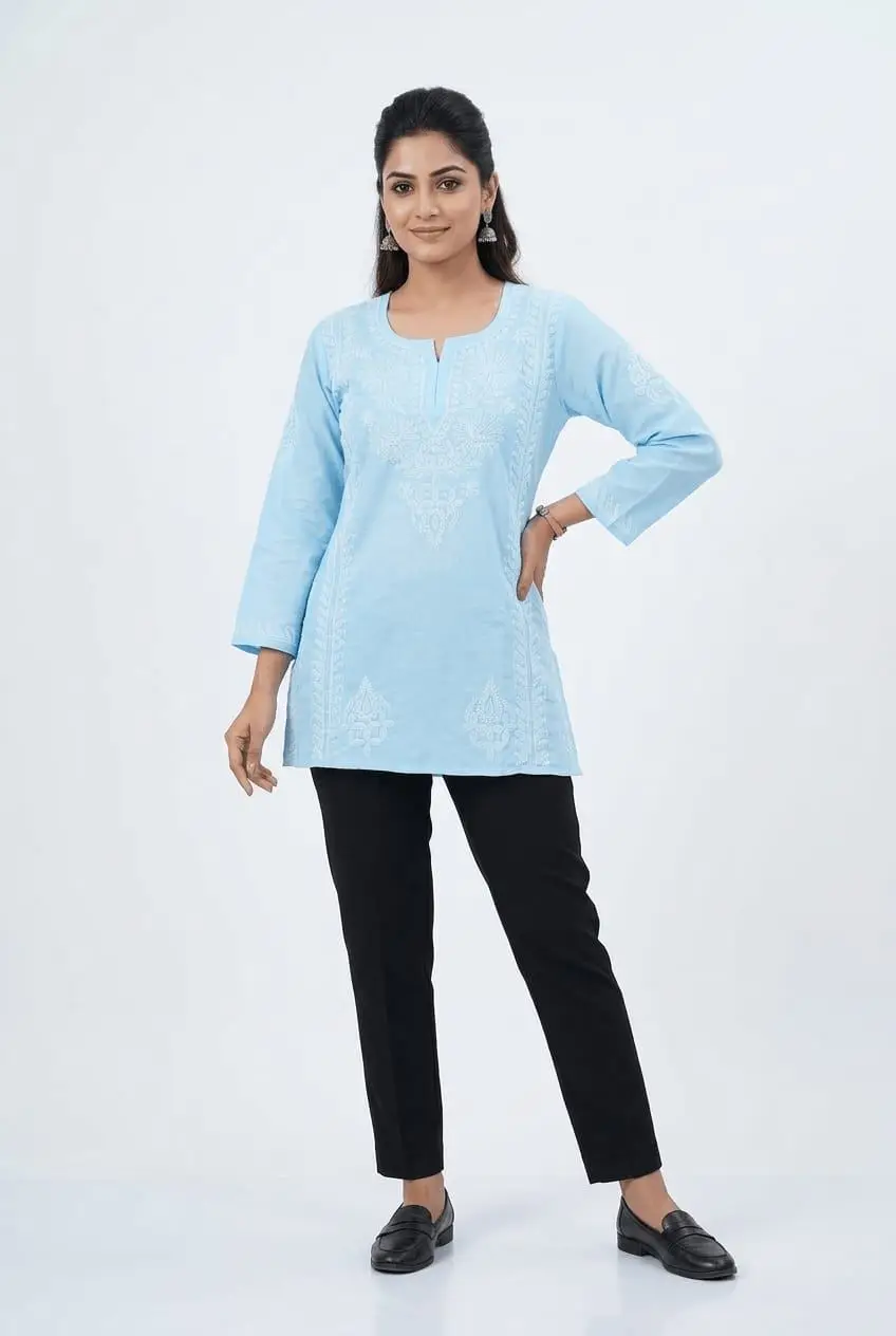 LCF CHIKAN EMBROIDERY VOIL COTTON SHORT KURTI - SKY BLUE