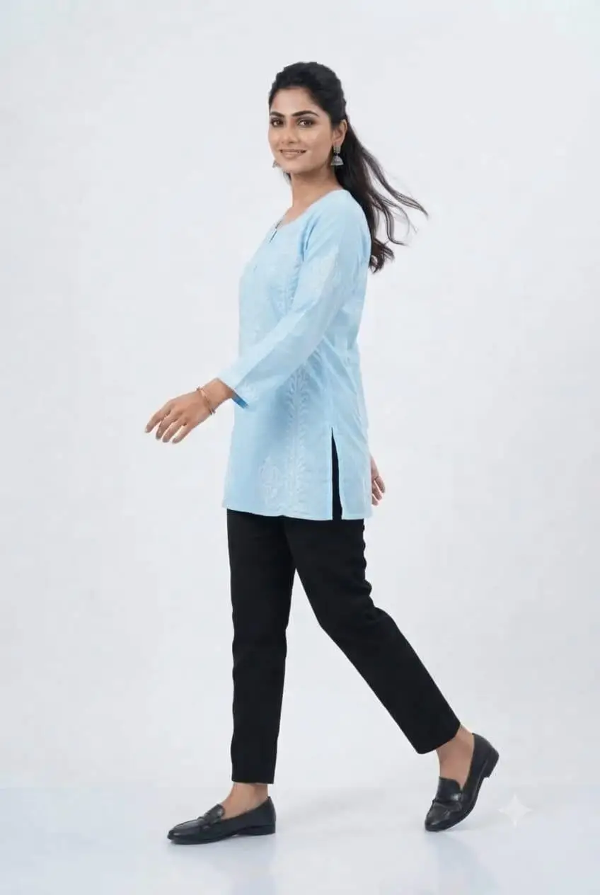 LCF CHIKAN EMBROIDERY VOIL COTTON SHORT KURTI - SKY BLUE view 2