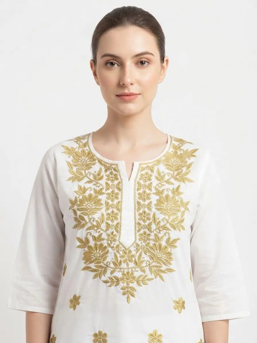 LCF CHIKAN COMPUTER EMBROIDERY RAYON LONG KURTI - GOLDEN view 2