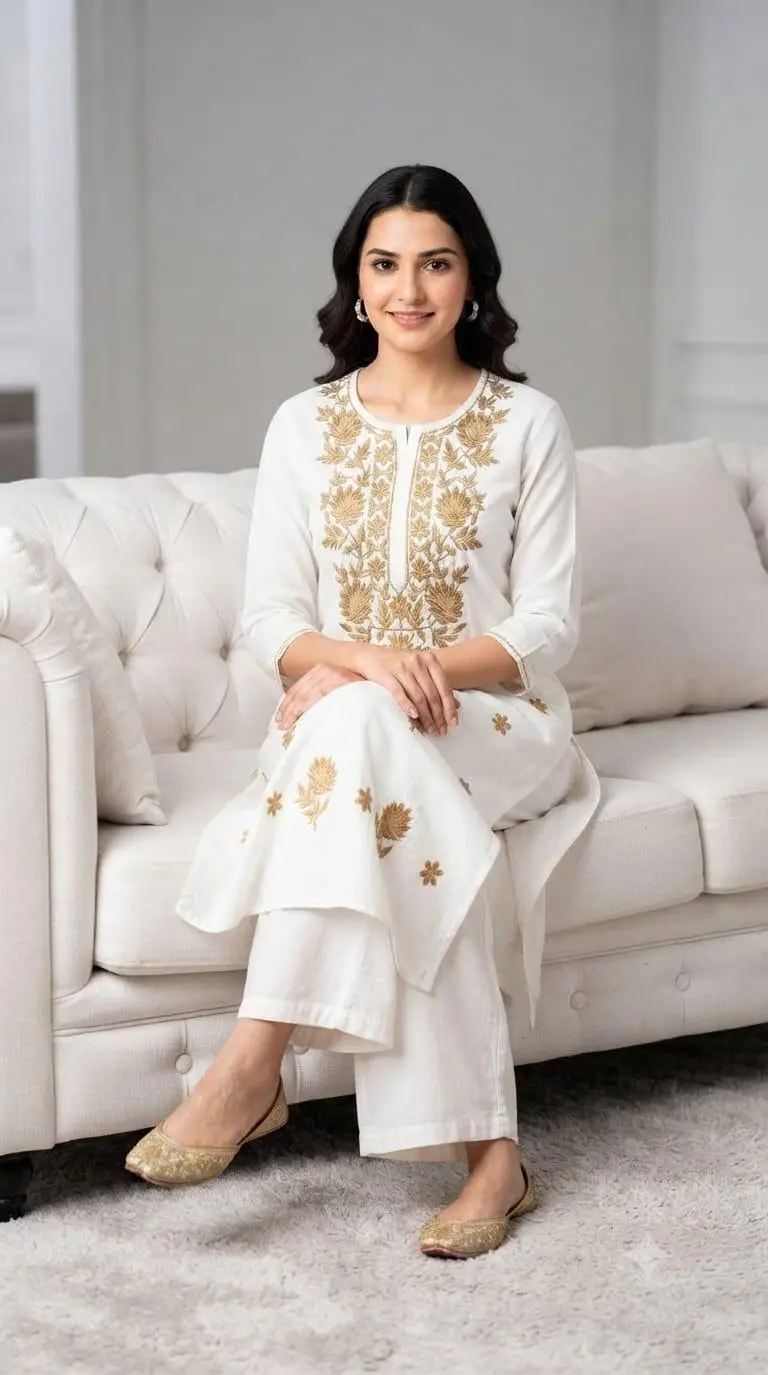 LCF CHIKAN COMPUTER EMBROIDERY RAYON LONG KURTI - GOLDEN view 5