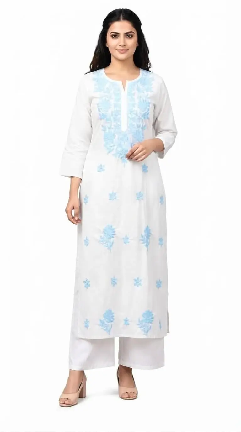 LCF CHIKAN COMPUTER EMBROIDERY RAYON LONG KURTI - SKY BLUE