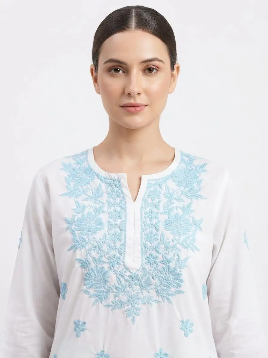 LCF CHIKAN COMPUTER EMBROIDERY RAYON LONG KURTI - SKY BLUE view 2
