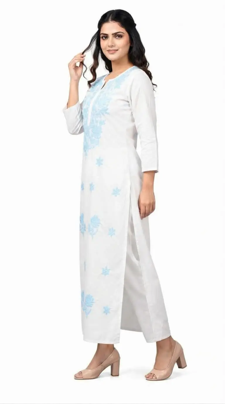 LCF CHIKAN COMPUTER EMBROIDERY RAYON LONG KURTI - SKY BLUE view 3