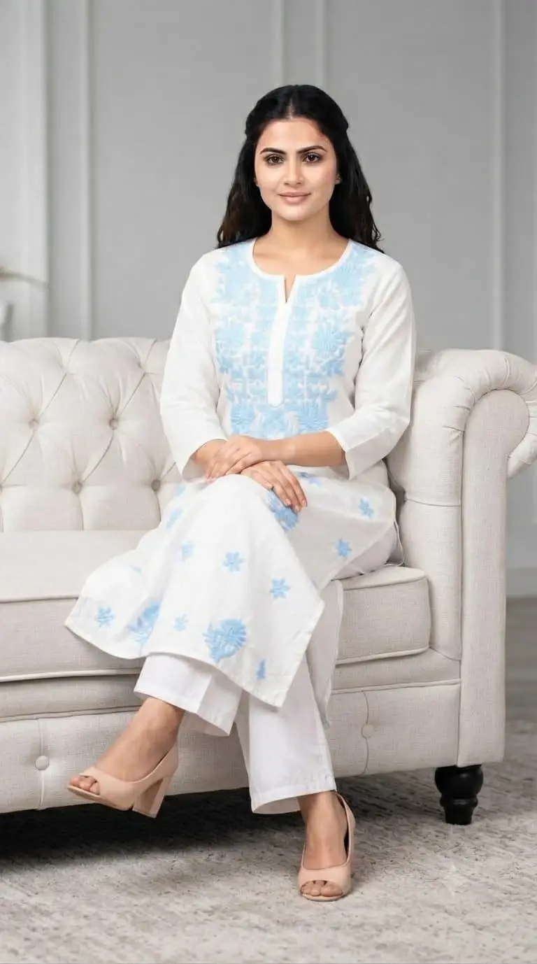 LCF CHIKAN COMPUTER EMBROIDERY RAYON LONG KURTI - SKY BLUE view 4