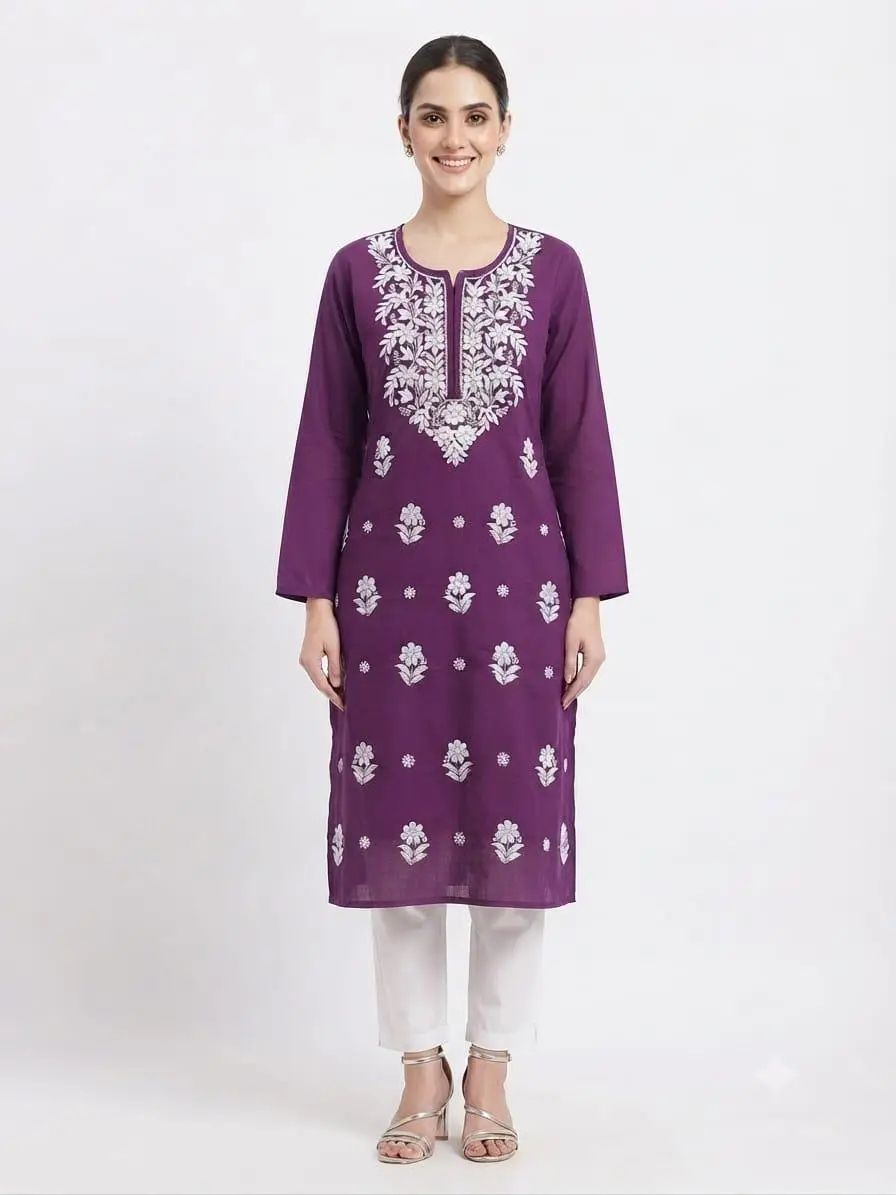 LCF CHIKAN EMBROIDERY PURE COTTON LONG KURTI - PURPLE