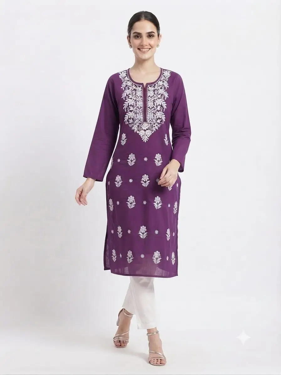 LCF CHIKAN EMBROIDERY PURE COTTON LONG KURTI - PURPLE view 2