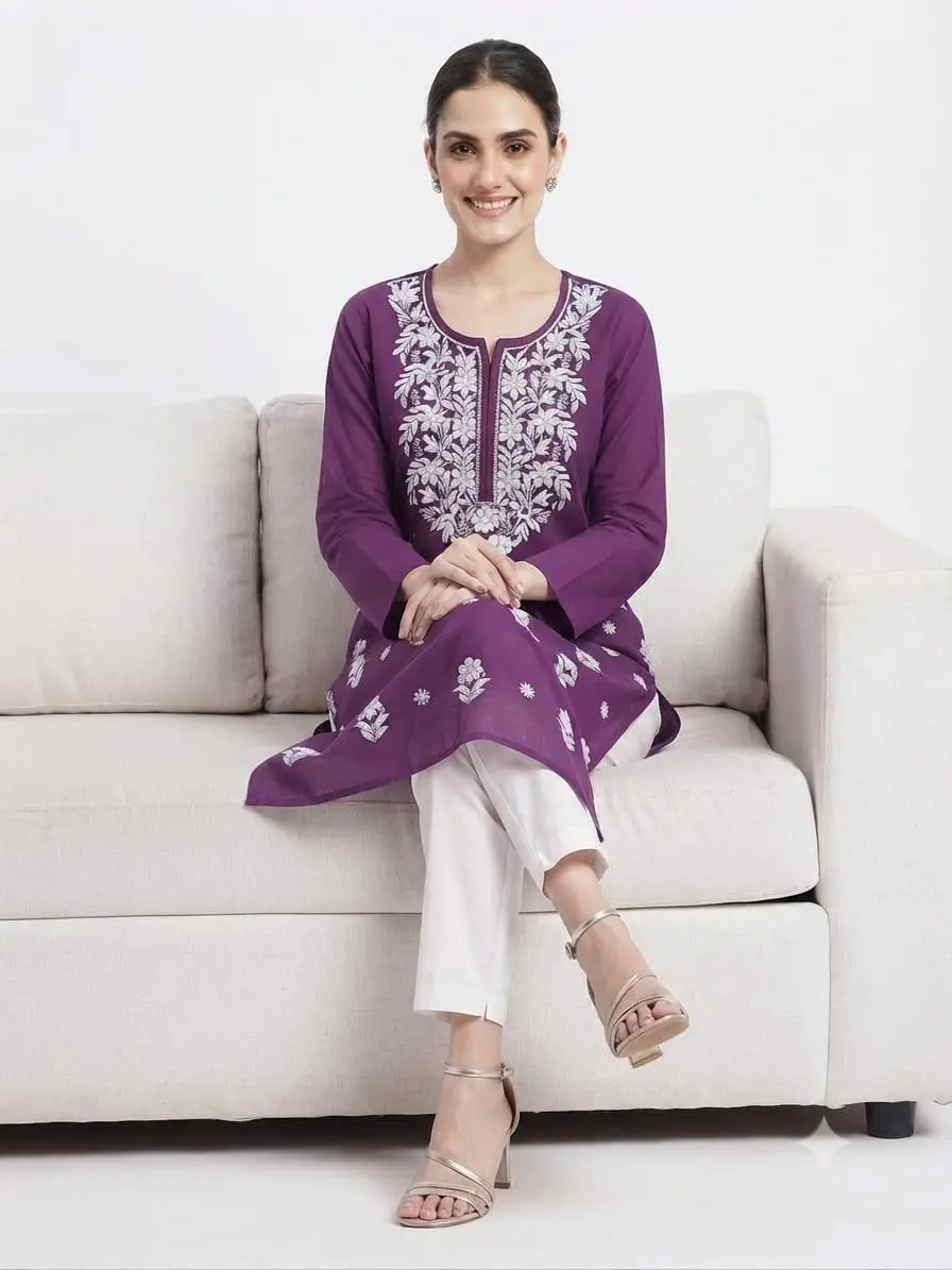 LCF CHIKAN EMBROIDERY PURE COTTON LONG KURTI - PURPLE view 3