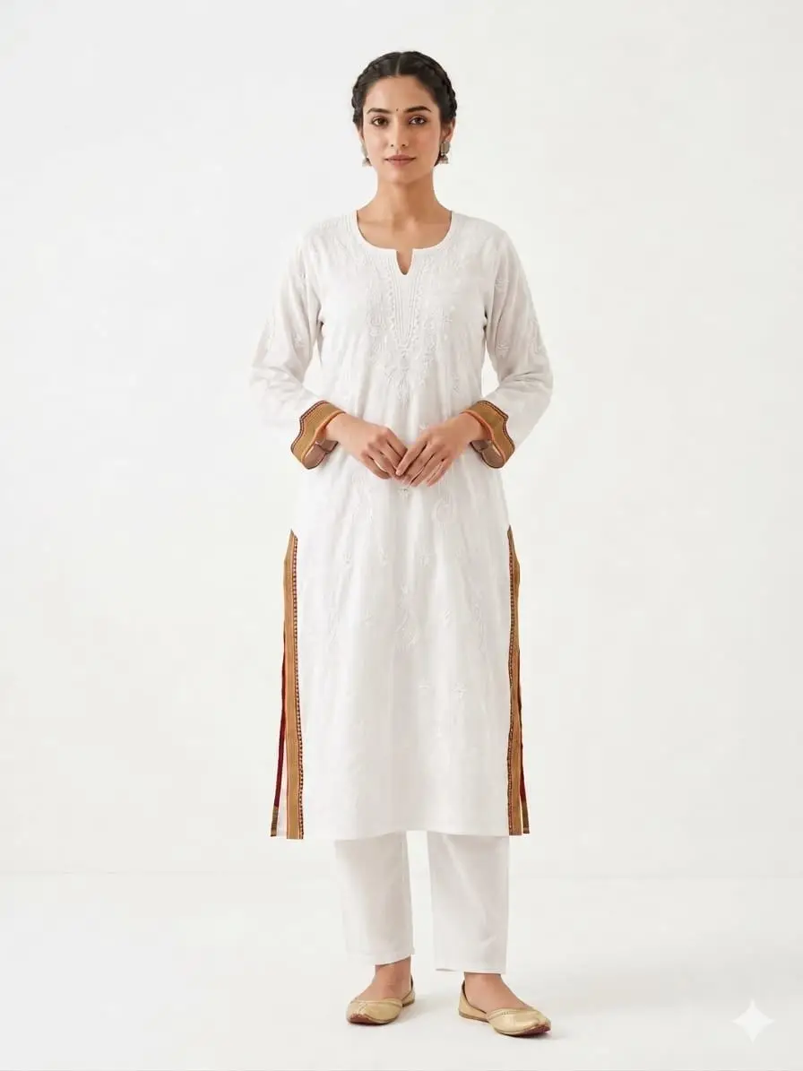 LCF CHIKAN EMBROIDERY MAL CHANDERI UNSTICHED KURTA & DUPPATA DRESS MATERIAL - OFF WHITE view 3