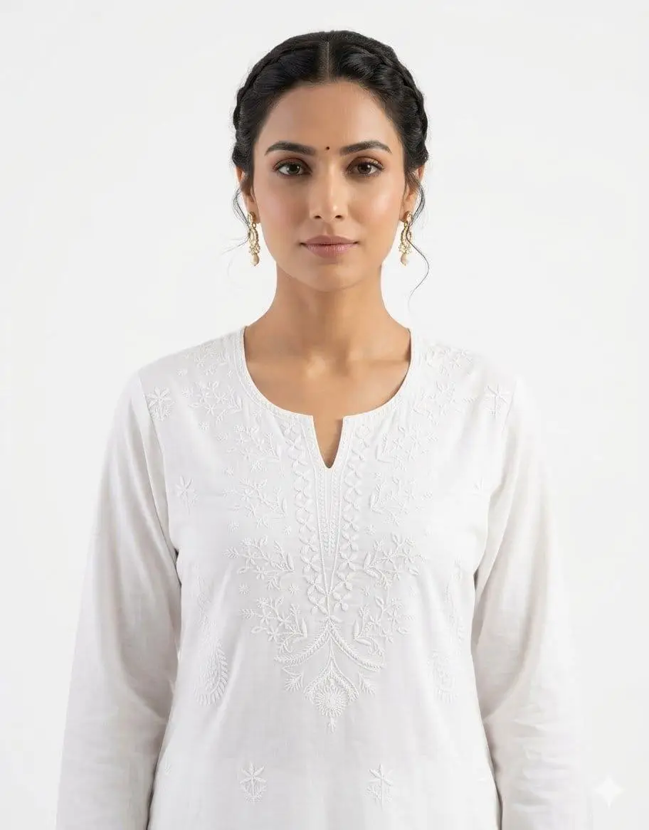LCF CHIKAN EMBROIDERY MAL CHANDERI UNSTICHED KURTA & DUPPATA DRESS MATERIAL - OFF WHITE view 2