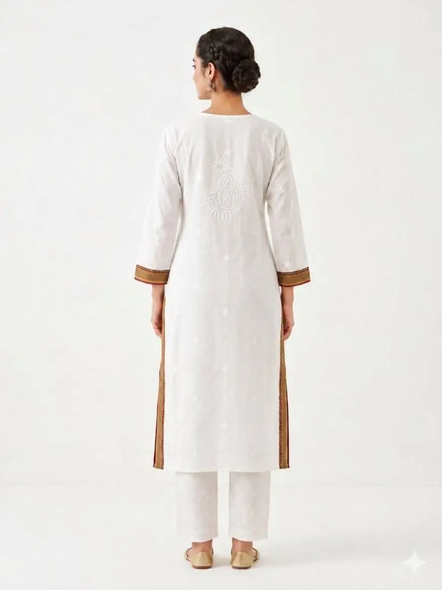 LCF CHIKAN EMBROIDERY MAL CHANDERI UNSTICHED KURTA & DUPPATA DRESS MATERIAL - OFF WHITE view 4