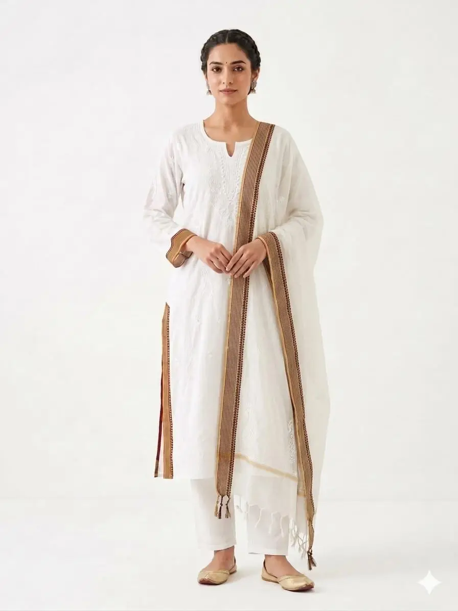 LCF CHIKAN EMBROIDERY MAL CHANDERI UNSTICHED KURTA & DUPPATA DRESS MATERIAL - OFF WHITE