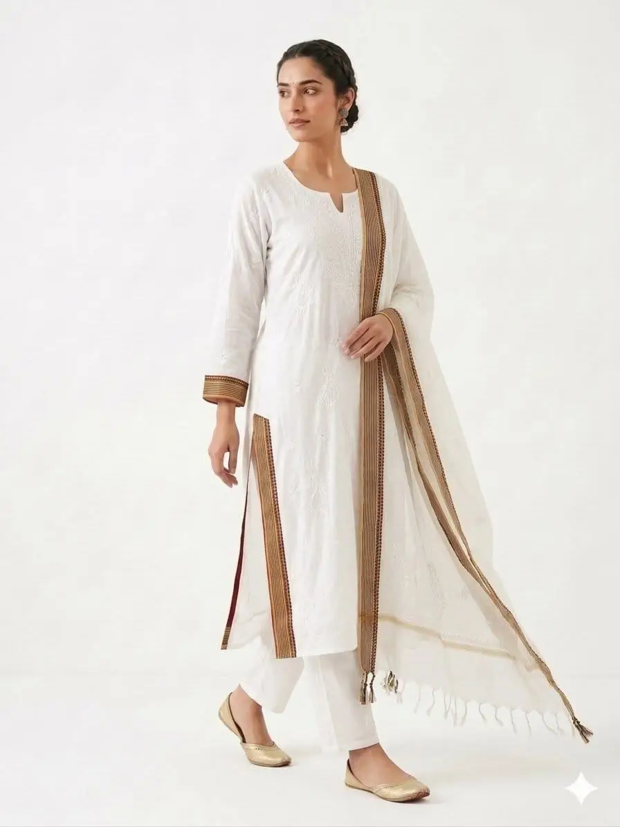 LCF CHIKAN EMBROIDERY MAL CHANDERI UNSTICHED KURTA & DUPPATA DRESS MATERIAL - OFF WHITE view 5