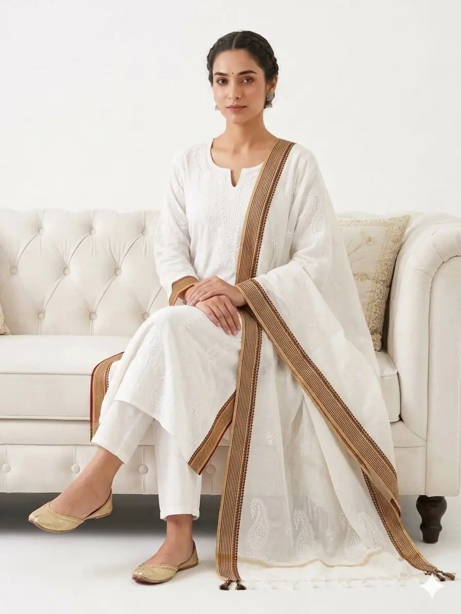 LCF CHIKAN EMBROIDERY MAL CHANDERI UNSTICHED KURTA & DUPPATA DRESS MATERIAL - OFF WHITE view 6