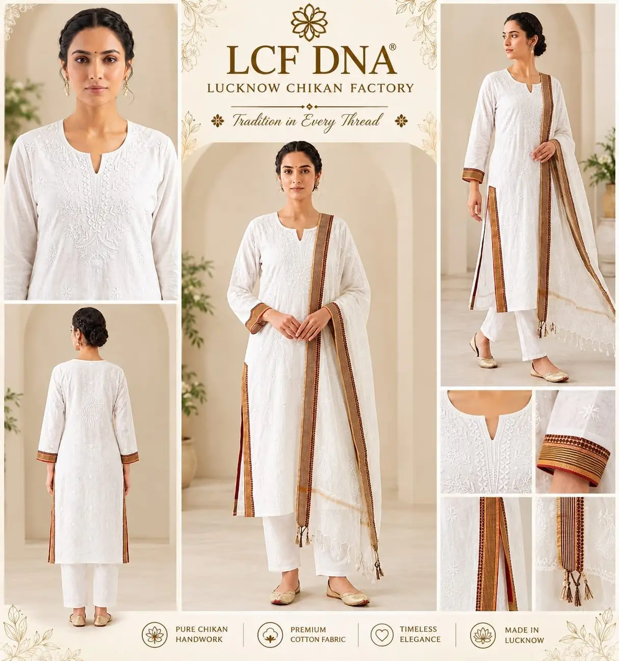 LCF CHIKAN EMBROIDERY MAL CHANDERI UNSTICHED KURTA & DUPPATA DRESS MATERIAL - OFF WHITE view 7