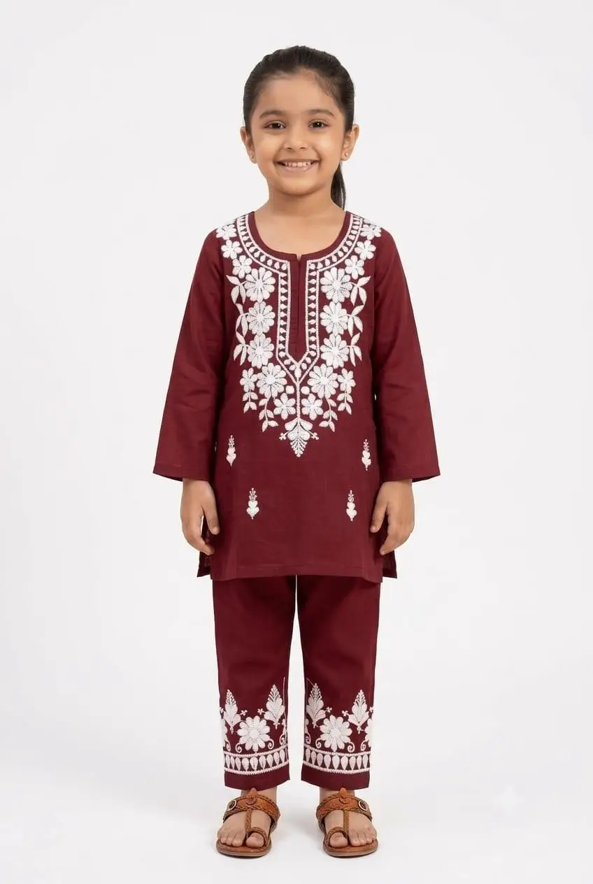 LCF CHIKAN COMPUTER EMBROIDERY RAYON SET FOR GIRL - MAROON